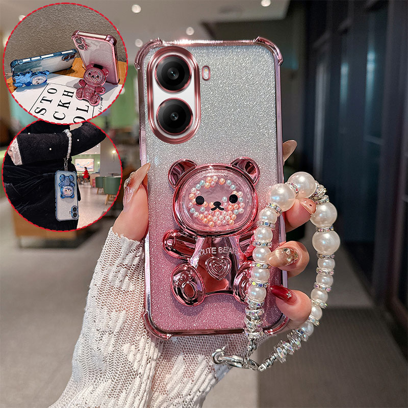 Phone Cases Quotes - 귀여운 곰 만화 홀더 진주 끈