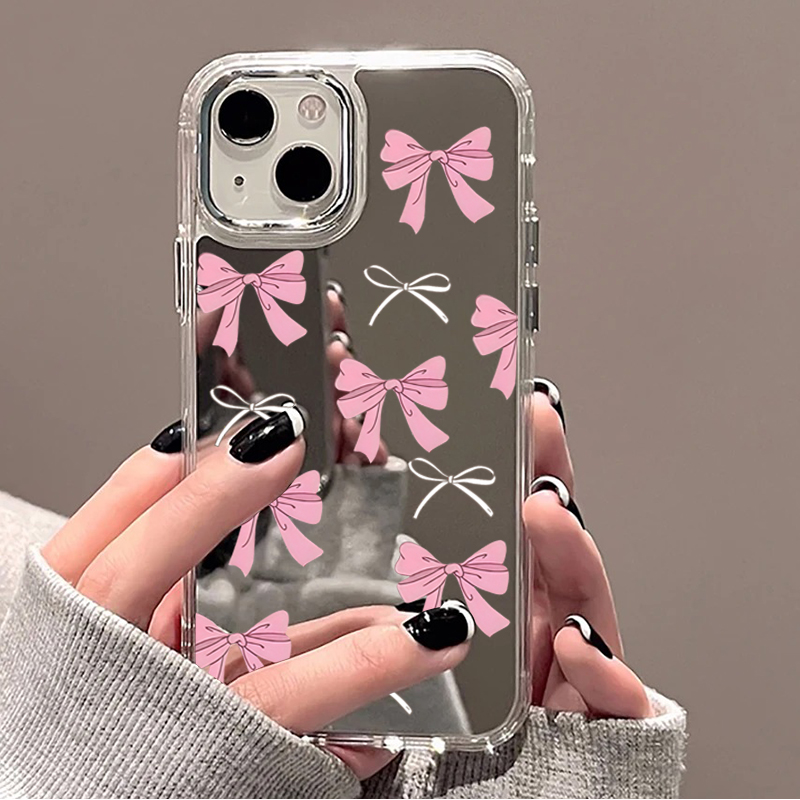 Phone Cases Cute Iphone 13 - 귀여운 핑크 블랙 리본 패턴 거울